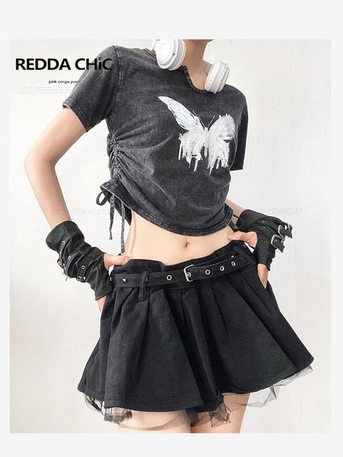REDDACHIC American Retro Distressed Butterfly Print Short Sleeve Women'S Crop Tops
