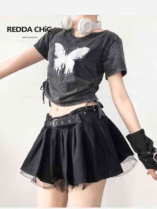 REDDACHIC American Retro Distressed Butterfly Print Short Sleeve Women'S Crop Tops