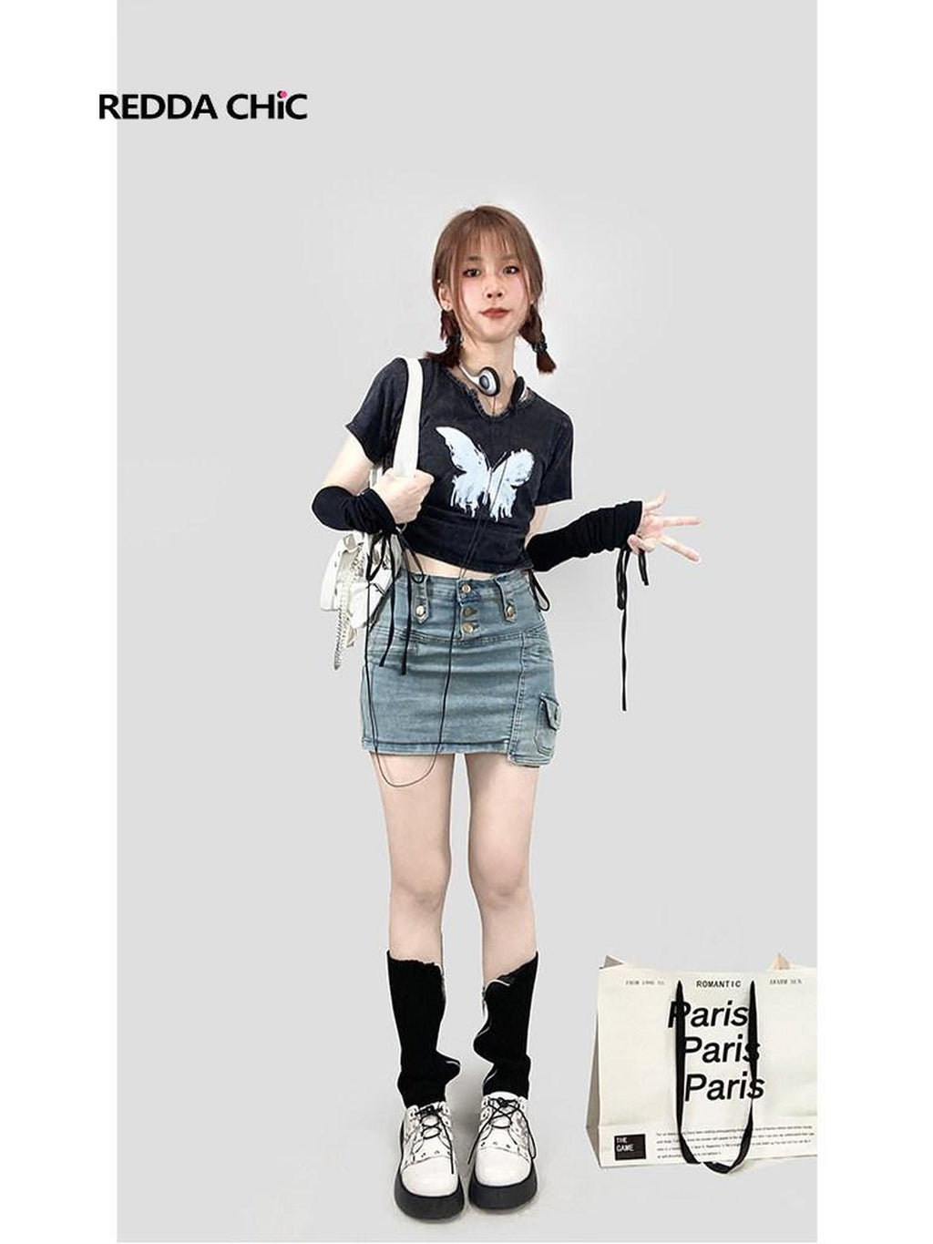 REDDACHIC American Retro Distressed Butterfly Print Short Sleeve Women'S Crop Tops