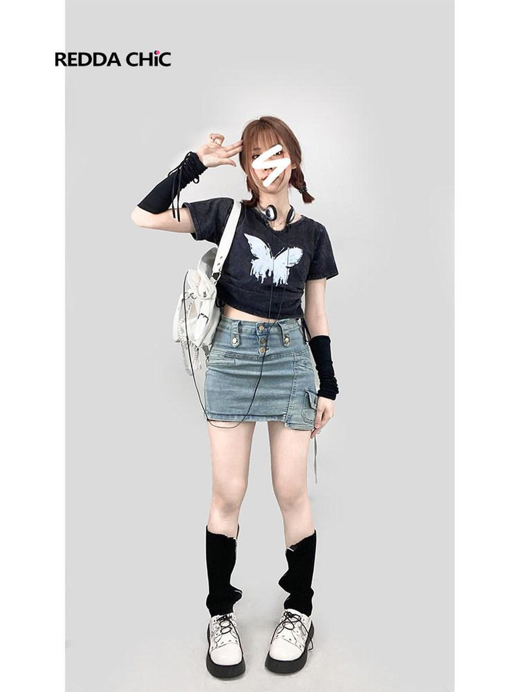 REDDACHIC American Retro Distressed Butterfly Print Short Sleeve Women'S Crop Tops