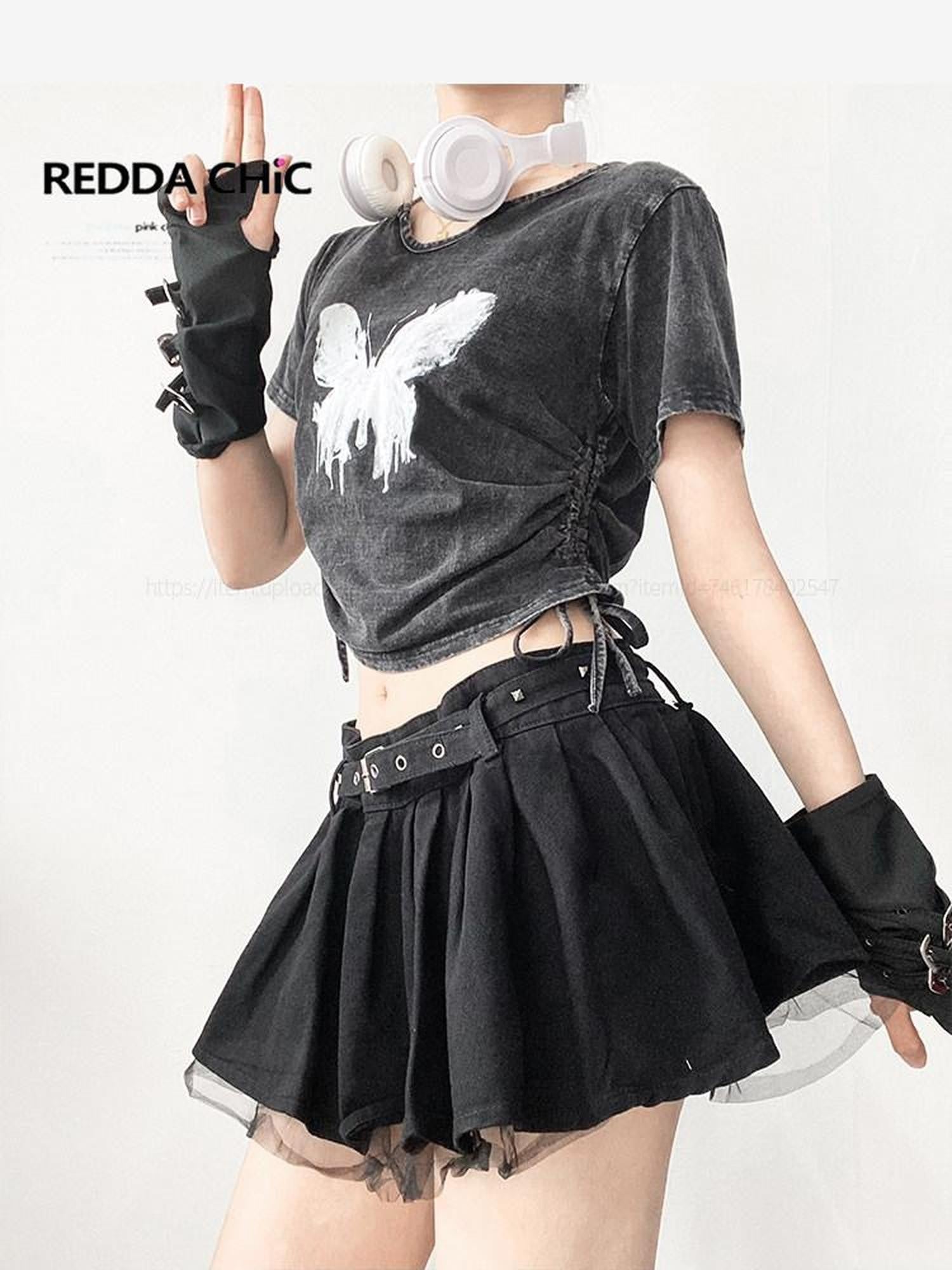 REDDACHIC American Retro Distressed Butterfly Print Short Sleeve Women'S Crop Tops