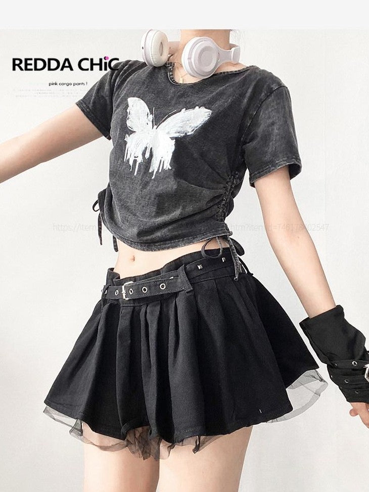 REDDACHIC American Retro Distressed Butterfly Print Short Sleeve Women'S Crop Tops