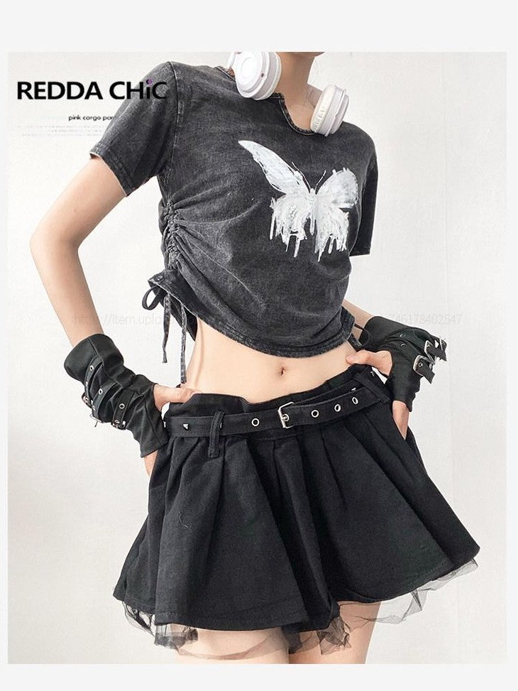 REDDACHIC American Retro Distressed Butterfly Print Short Sleeve Women'S Crop Tops
