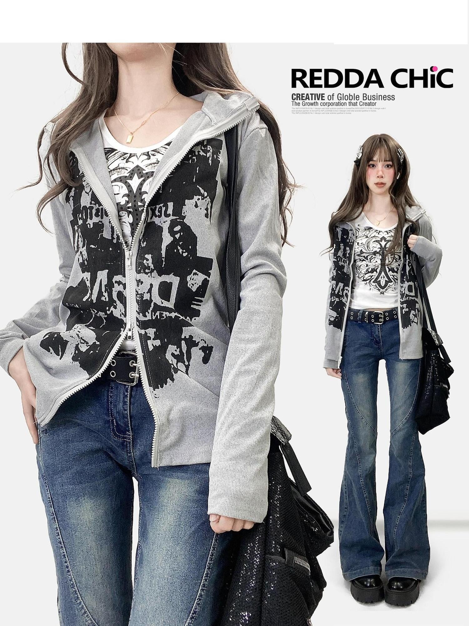 REDDACHIC American Retro Print High Neck Zip Side Slit Long Sleeve Women'S Cardigans
