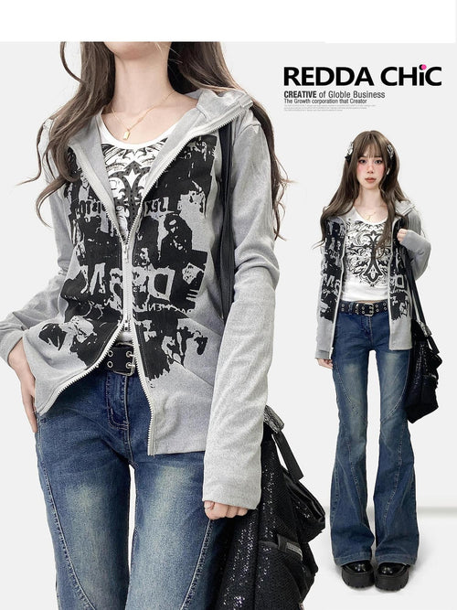 REDDACHIC American Retro Print High Neck Zip Side Slit Long Sleeve Women'S Cardigans