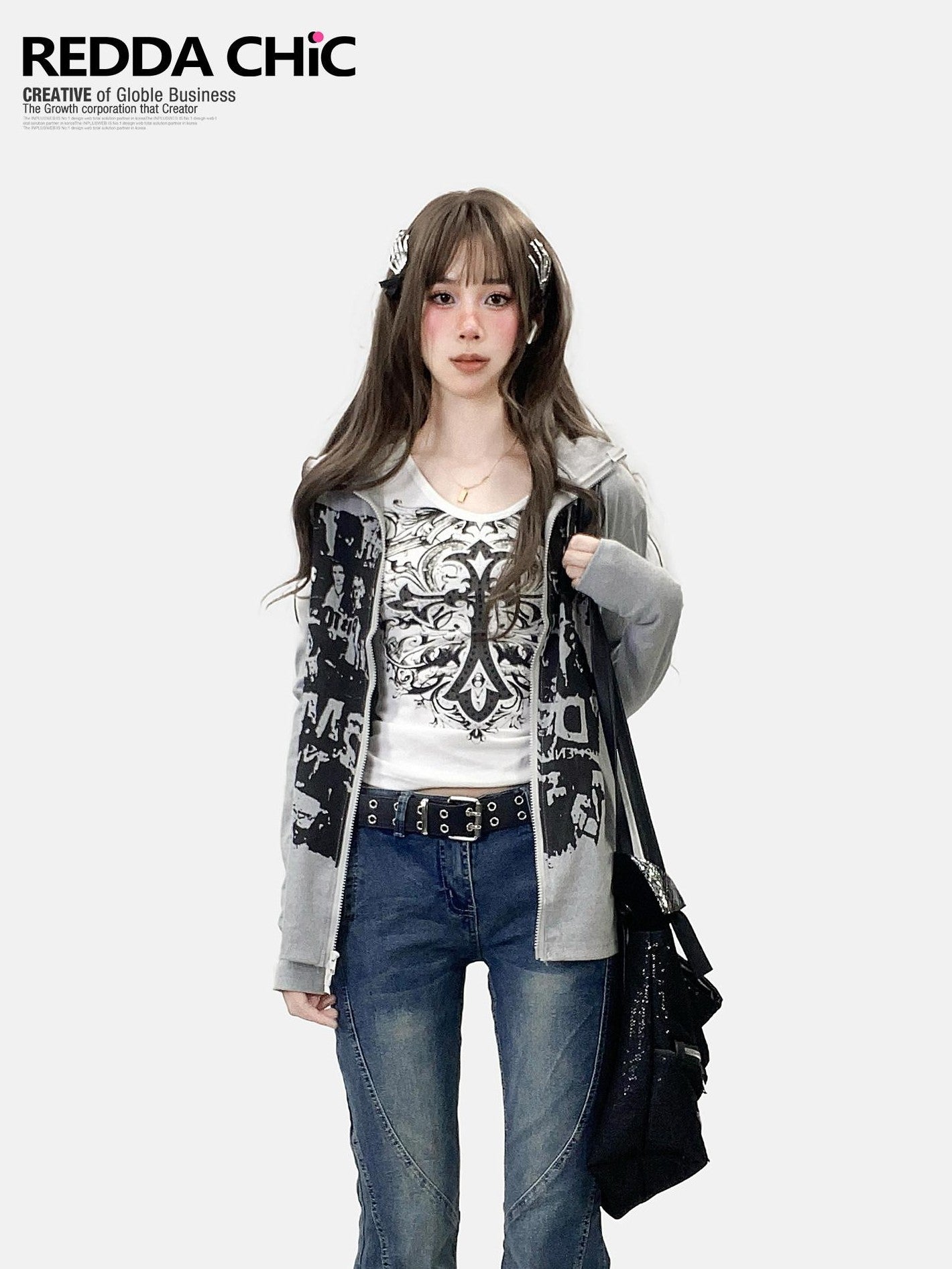 REDDACHIC American Retro Print High Neck Zip Side Slit Long Sleeve Women'S Cardigans