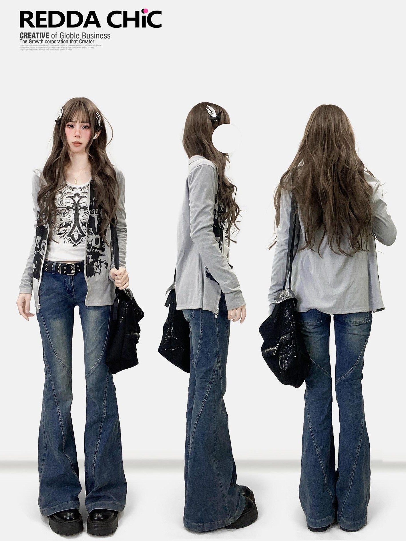 REDDACHIC American Retro Print High Neck Zip Side Slit Long Sleeve Women'S Cardigans