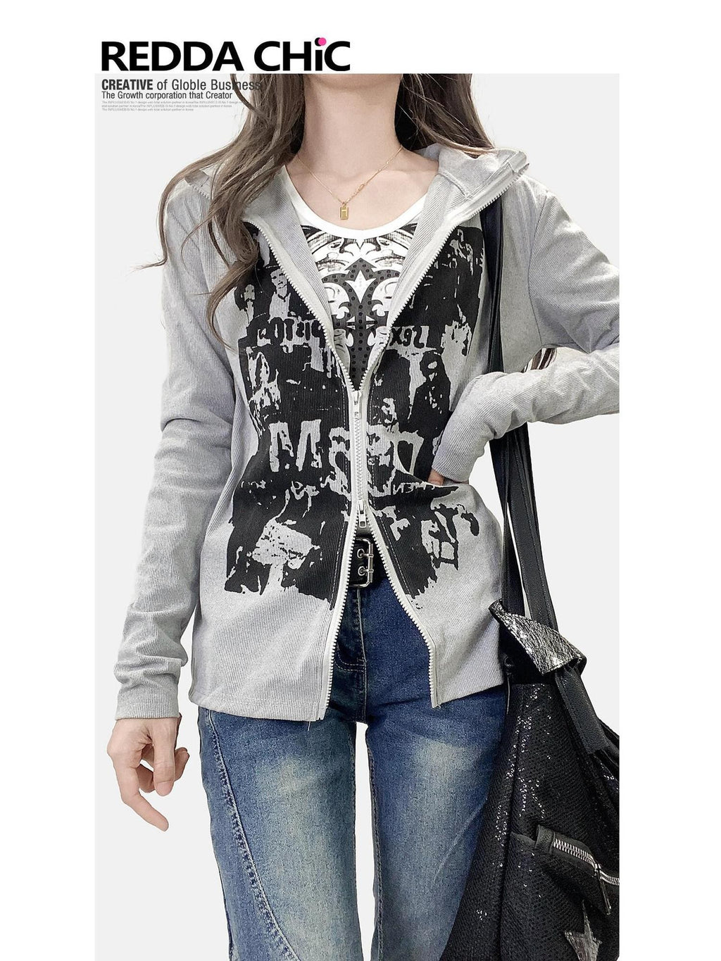 REDDACHIC American Retro Print High Neck Zip Side Slit Long Sleeve Women'S Cardigans