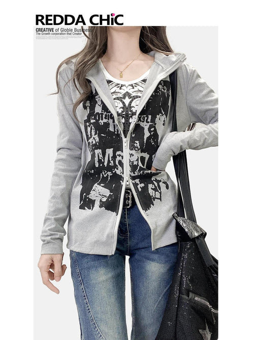 REDDACHIC American Retro Print High Neck Zip Side Slit Long Sleeve Women'S Cardigans
