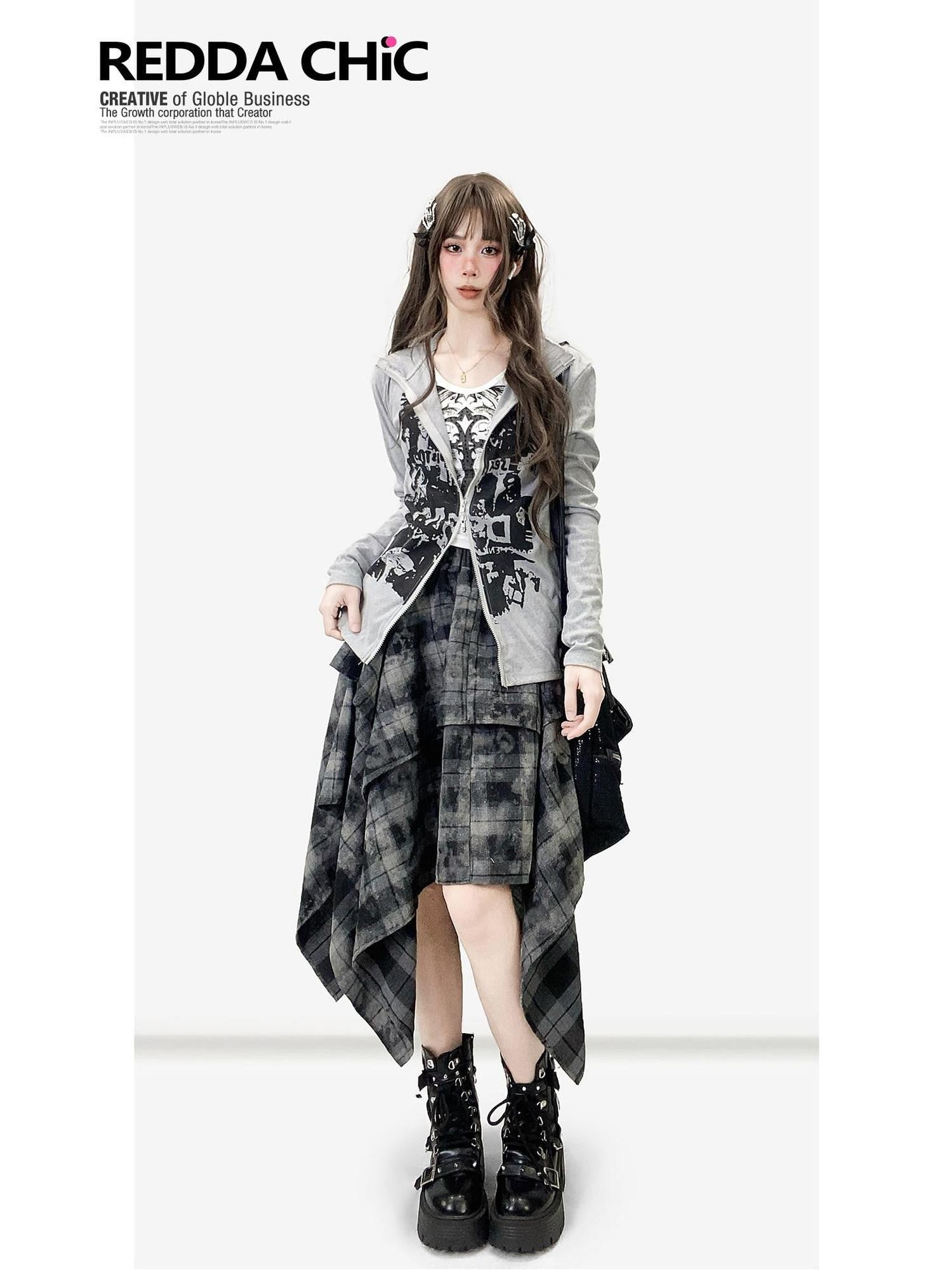 REDDACHIC American Retro Print High Neck Zip Side Slit Long Sleeve Women'S Cardigans