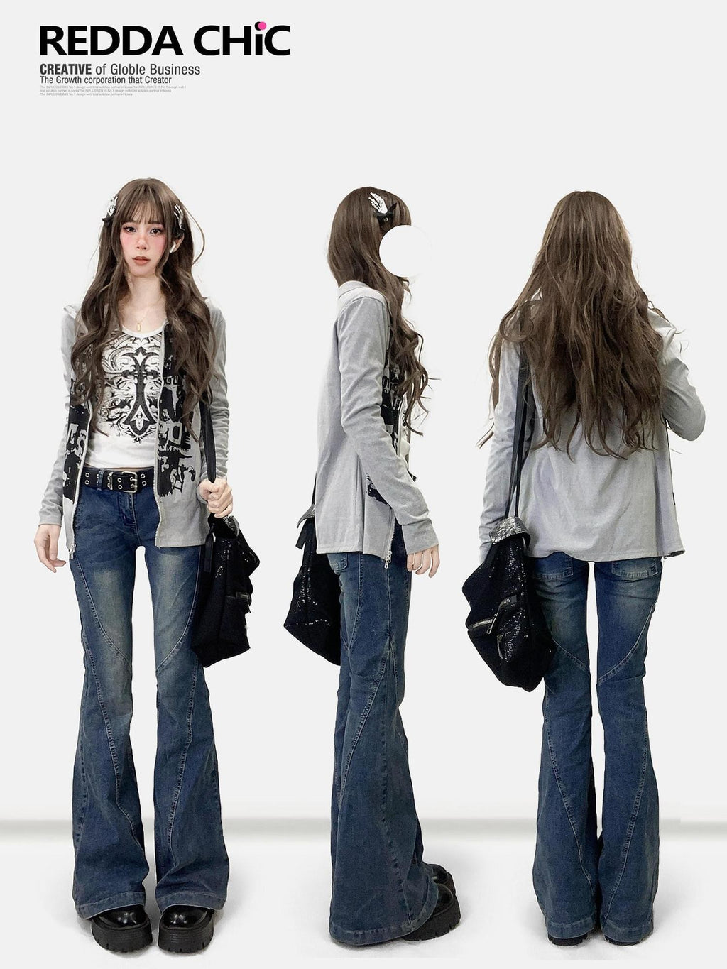 REDDACHIC American Retro Print High Neck Zip Side Slit Long Sleeve Women'S Cardigans