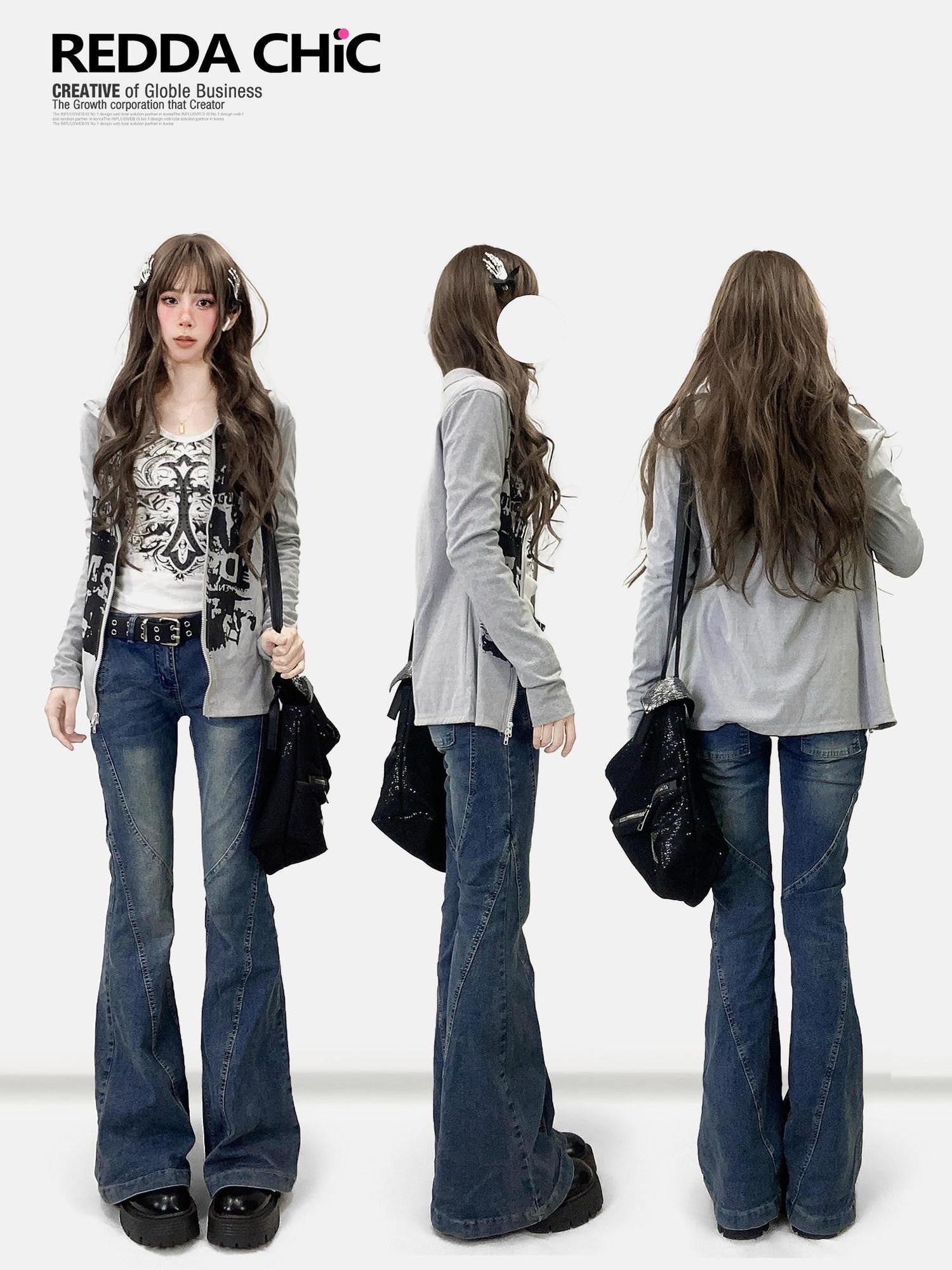 REDDACHIC American Retro Print High Neck Zip Side Slit Long Sleeve Women'S Cardigans