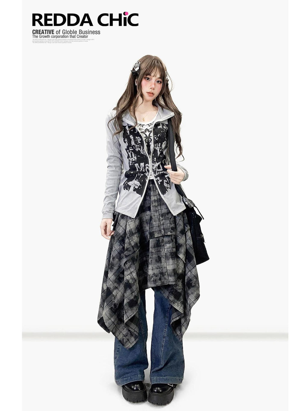 REDDACHIC American Retro Print High Neck Zip Side Slit Long Sleeve Women'S Cardigans