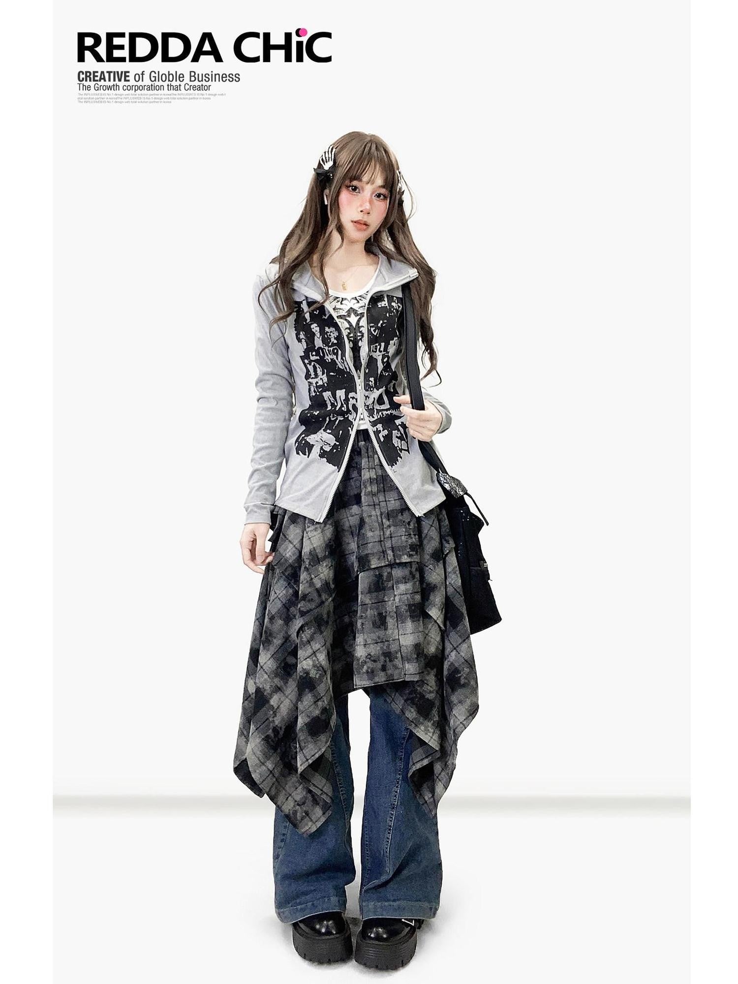 REDDACHIC American Retro Print High Neck Zip Side Slit Long Sleeve Women'S Cardigans
