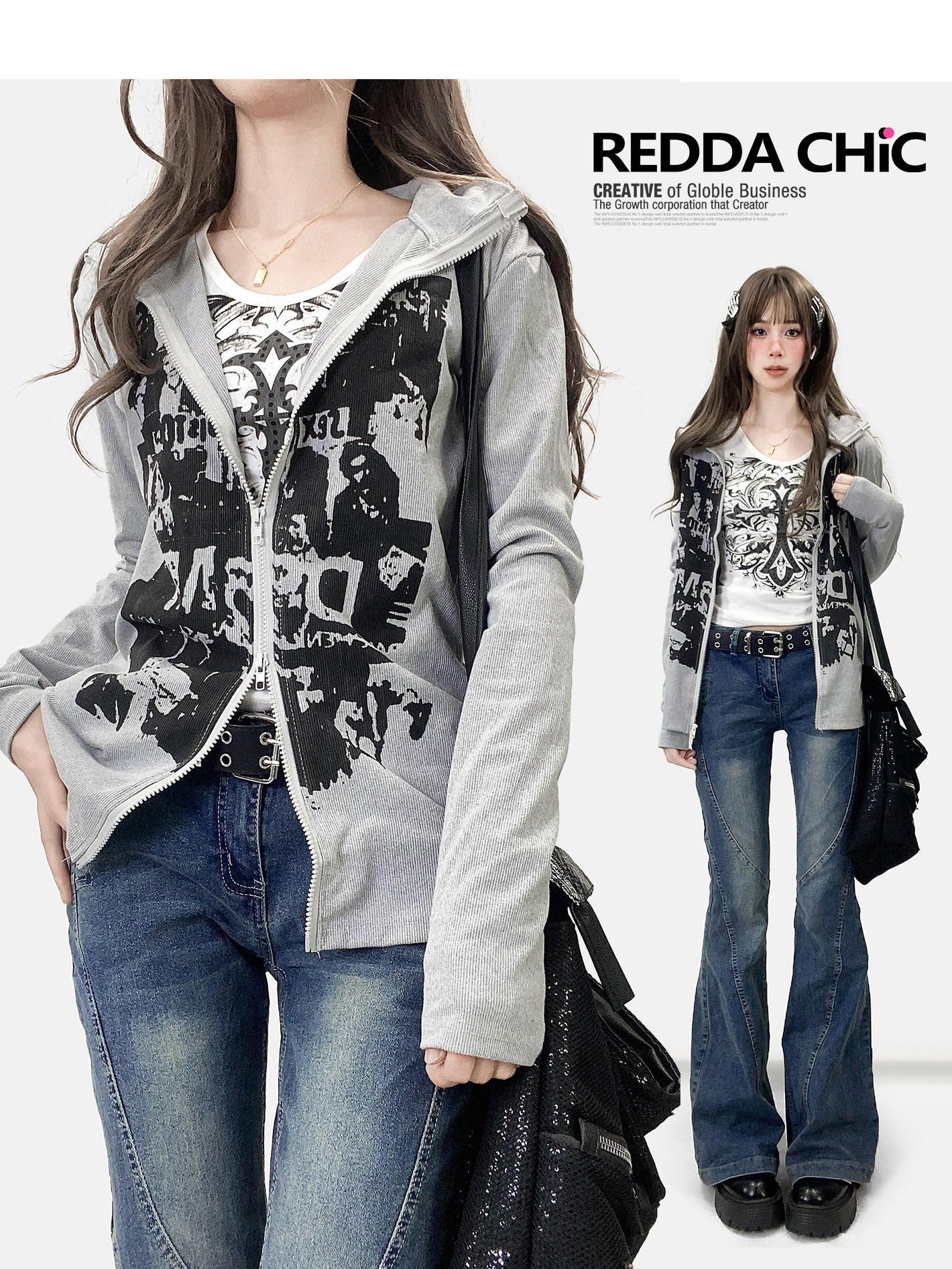 REDDACHIC American Retro Print High Neck Zip Side Slit Long Sleeve Women'S Cardigans