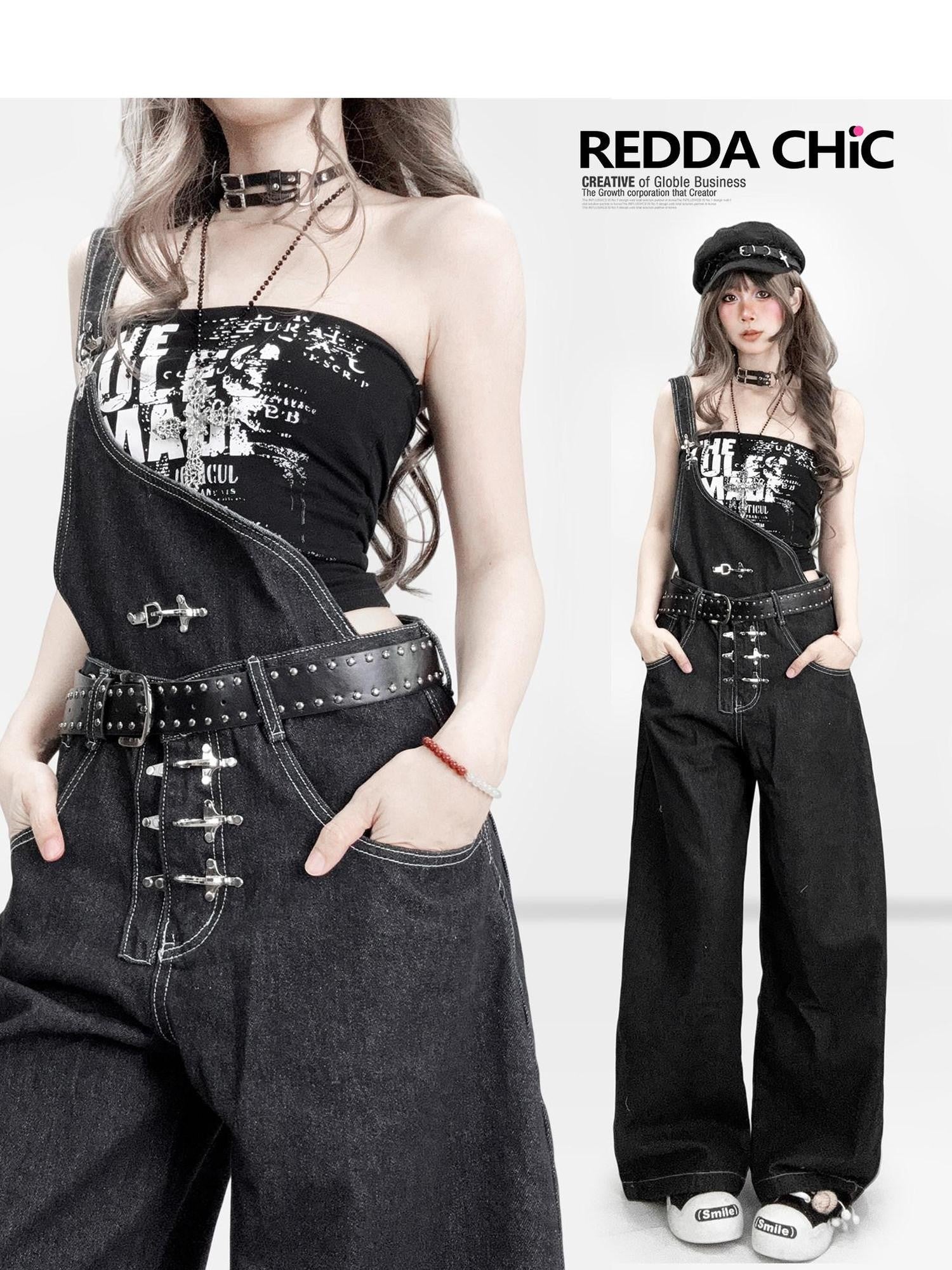 REDDACHIC American Vintage Asymmetric Strap Button Low Waist Women'S Denim Wide-Leg Jeans