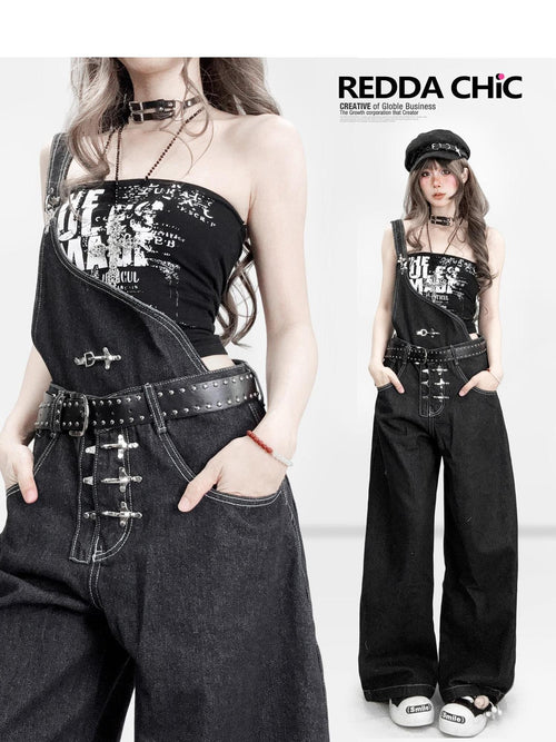 REDDACHIC American Vintage Asymmetric Strap Button Low Waist Women'S Denim Wide-Leg Jeans