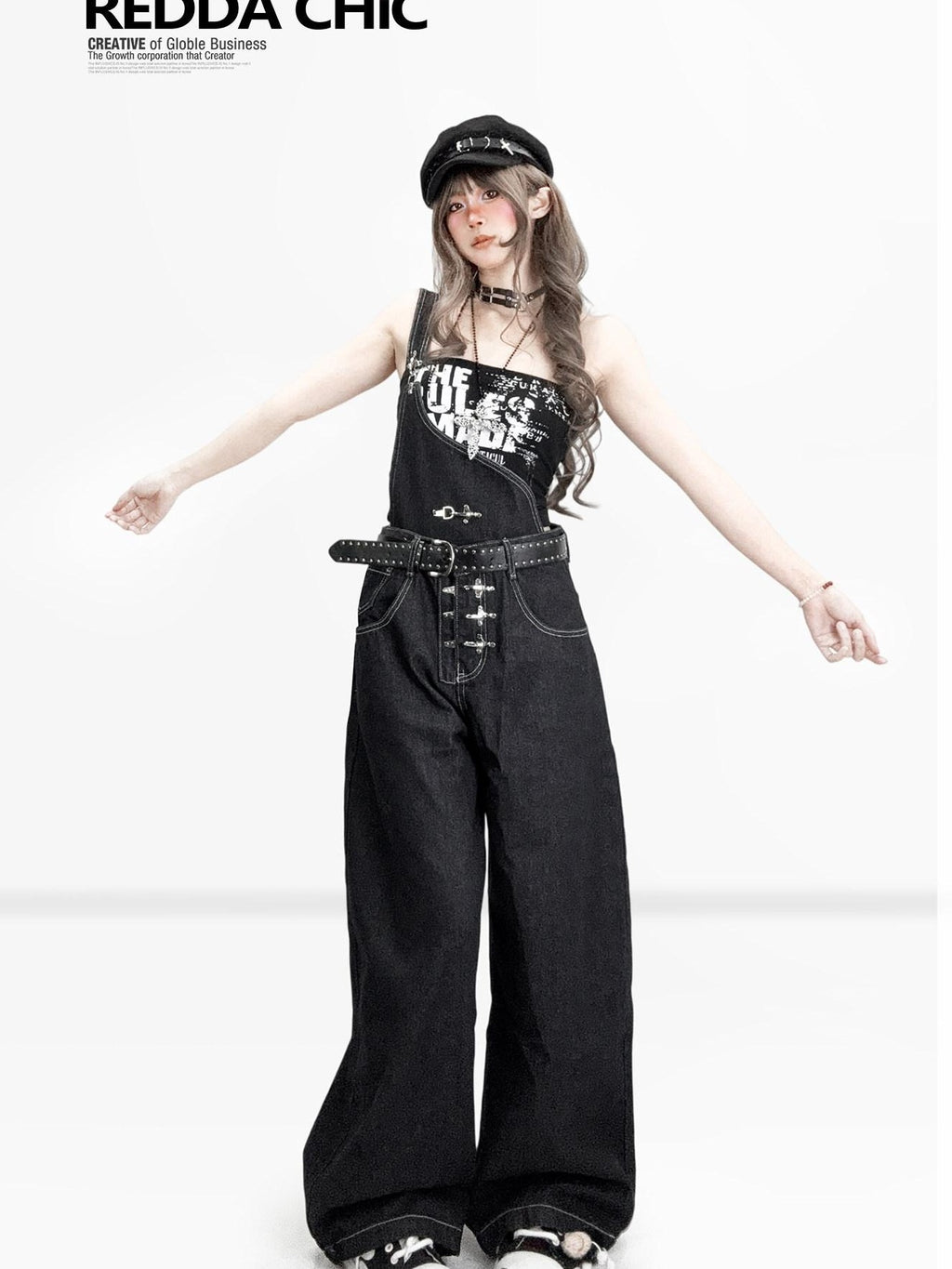 REDDACHIC American Vintage Asymmetric Strap Button Low Waist Women'S Denim Wide-Leg Jeans