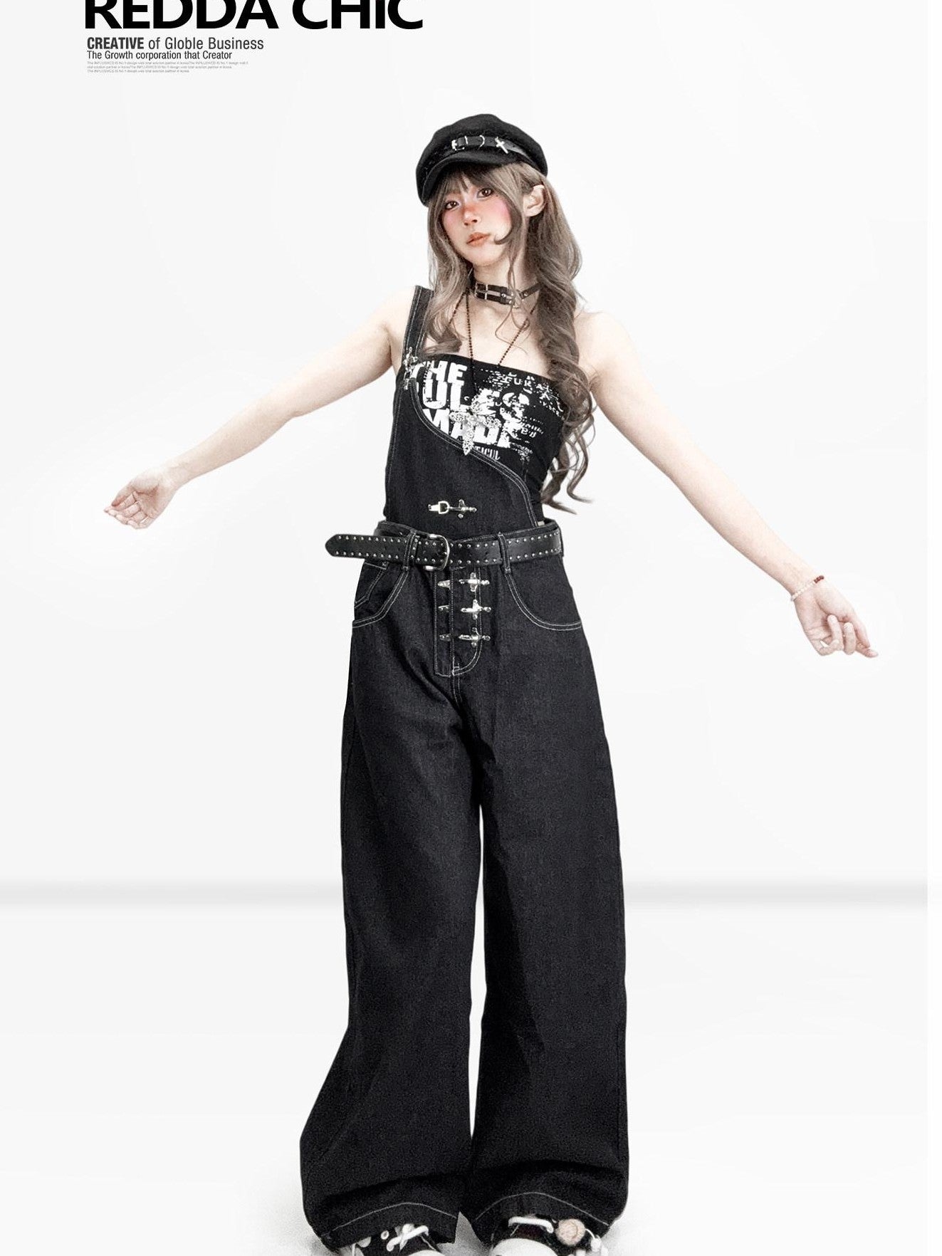 REDDACHIC American Vintage Asymmetric Strap Button Low Waist Women'S Denim Wide-Leg Jeans