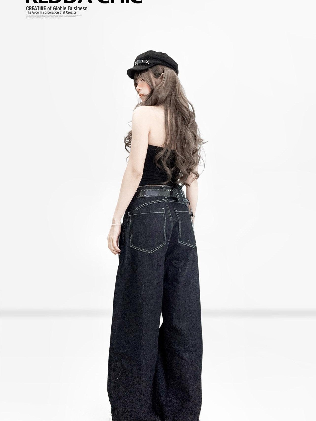 REDDACHIC American Vintage Asymmetric Strap Button Low Waist Women'S Denim Wide-Leg Jeans