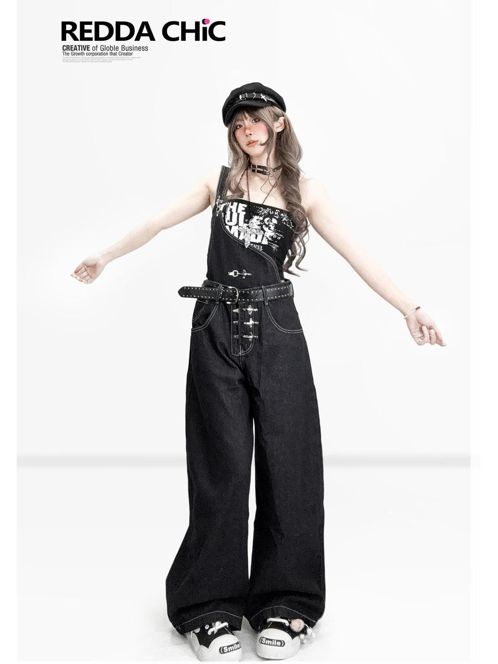 REDDACHIC American Vintage Asymmetric Strap Button Low Waist Women'S Denim Wide-Leg Jeans