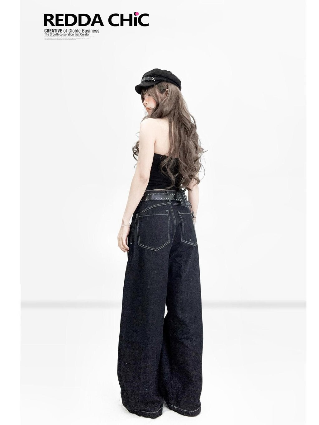 REDDACHIC American Vintage Asymmetric Strap Button Low Waist Women'S Denim Wide-Leg Jeans
