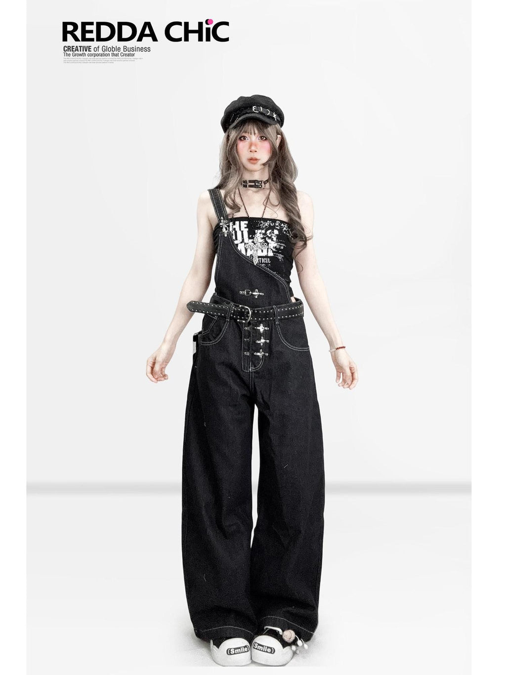 REDDACHIC American Vintage Asymmetric Strap Button Low Waist Women'S Denim Wide-Leg Jeans