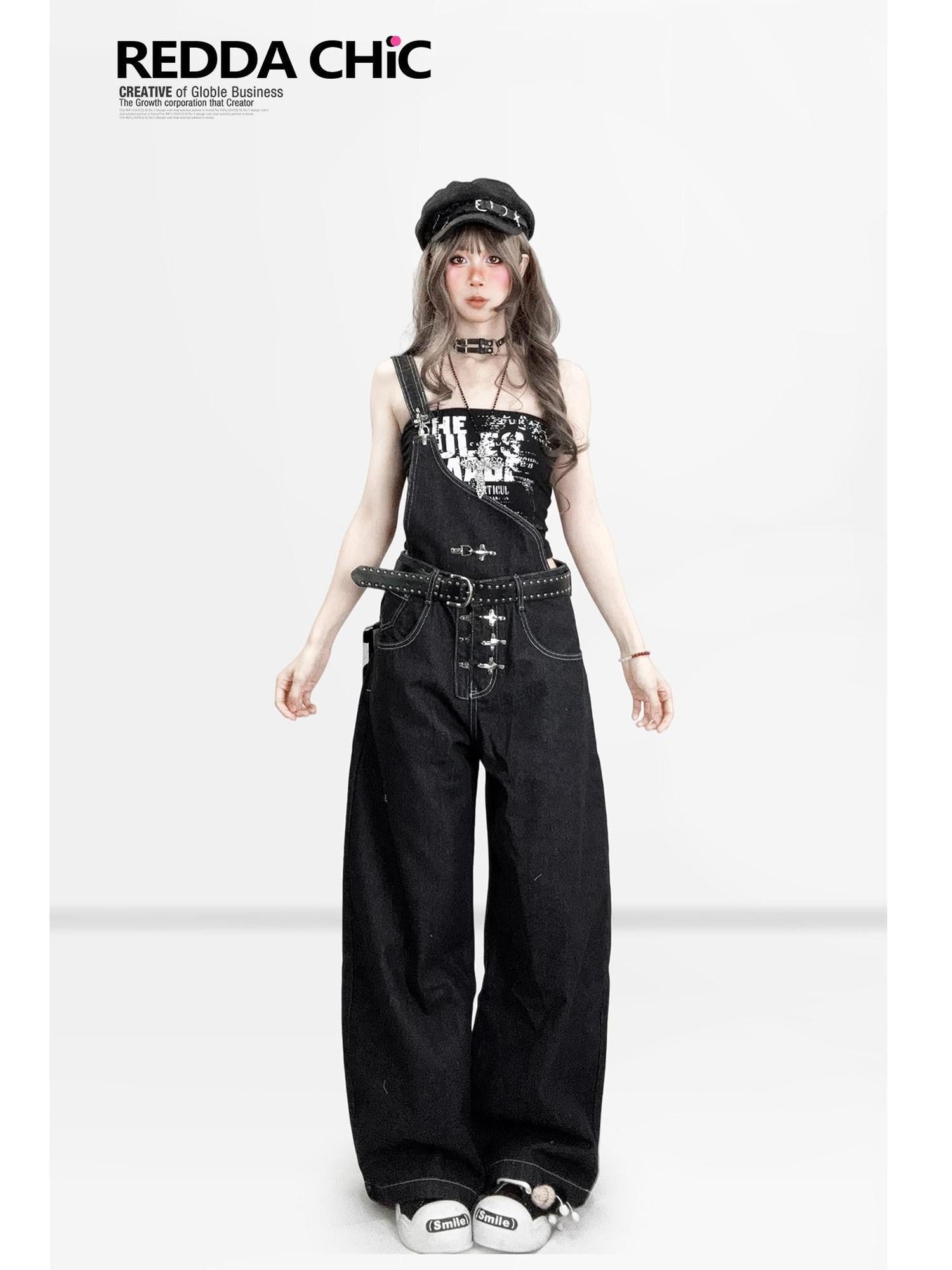 REDDACHIC American Vintage Asymmetric Strap Button Low Waist Women'S Denim Wide-Leg Jeans