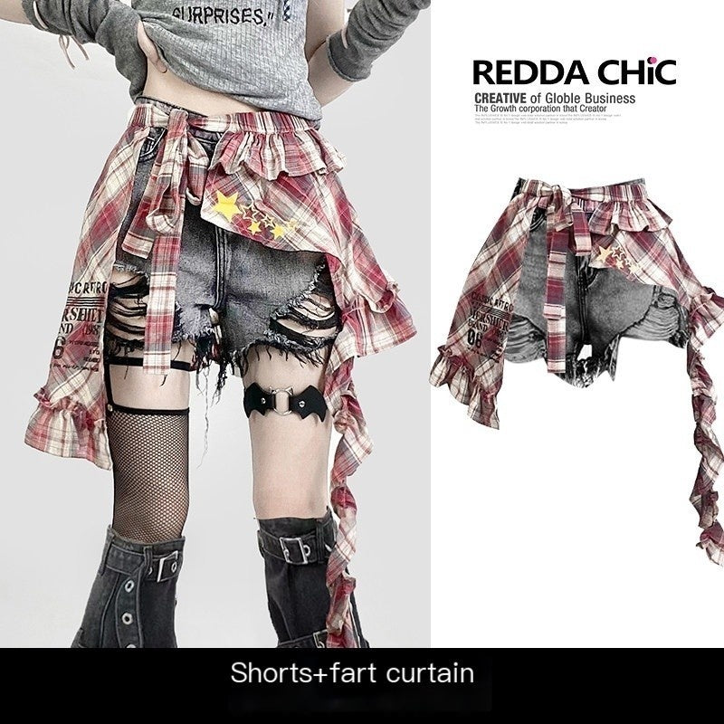 REDDACHIC_American_Vintage_Irregular_Plaid_Rear_Flap_Women'S_Black_Denim_Short_Trousers_MISSTT