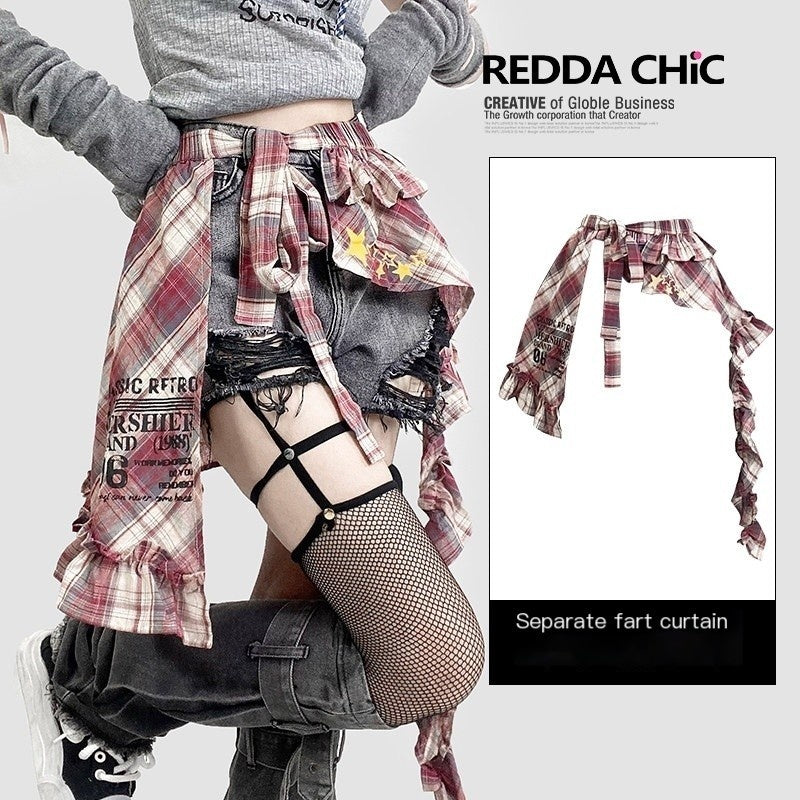 REDDACHIC_American_Vintage_Irregular_Plaid_Rear_Flap_Women'S_Black_Denim_Short_Trousers_MISSTT