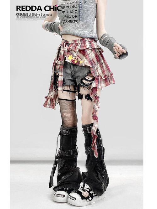 REDDACHIC American Vintage Irregular Plaid Rear Flap Women'S Black Denim Short Trousers