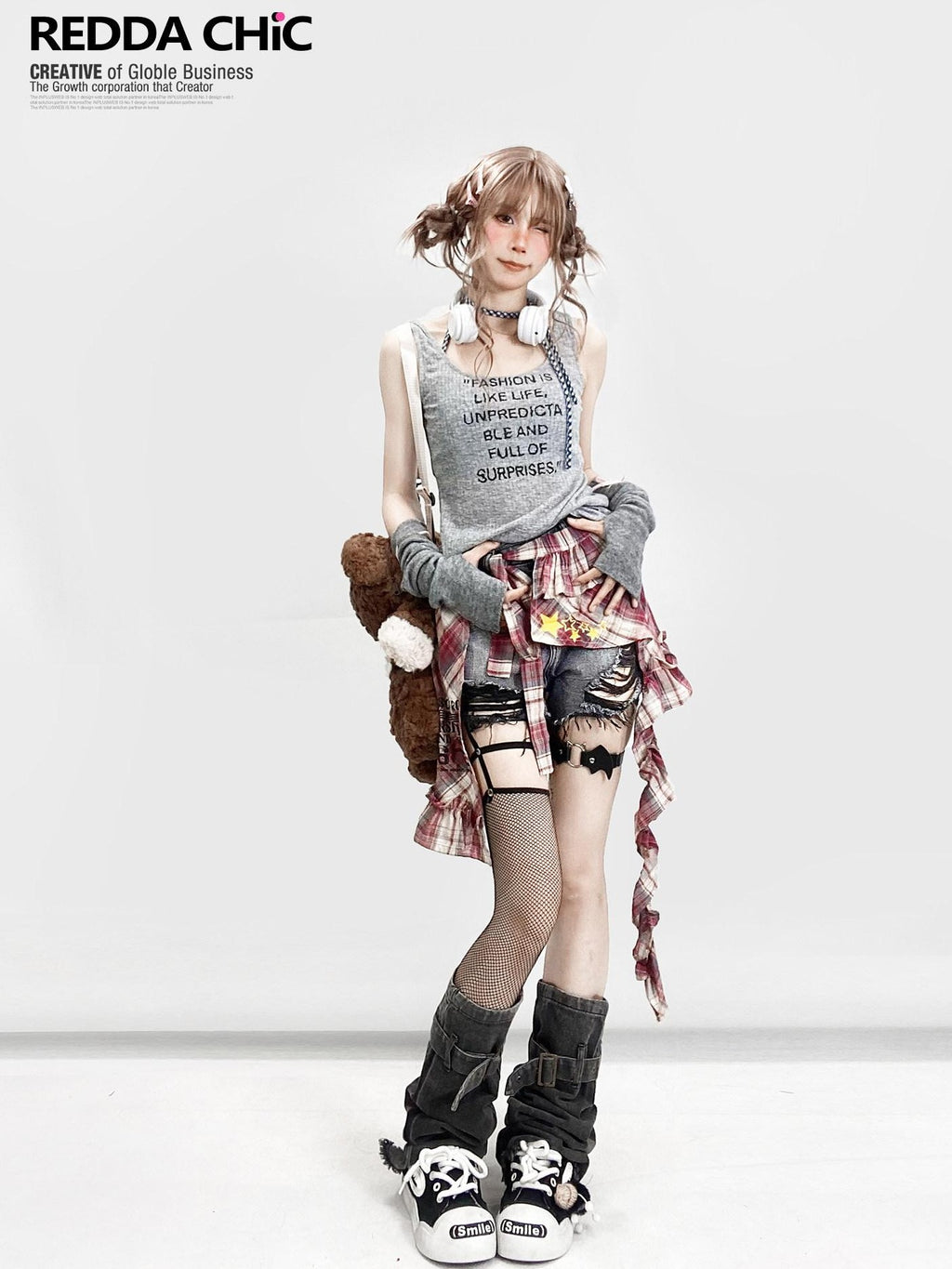 REDDACHIC American Vintage Irregular Plaid Rear Flap Women'S Black Denim Short Trousers