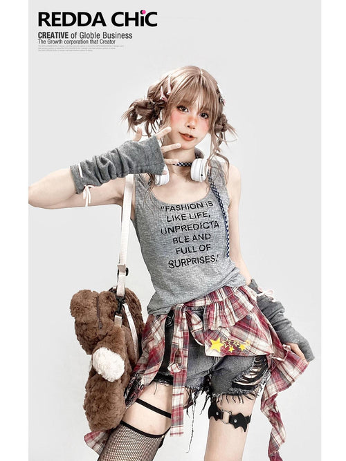 REDDACHIC American Vintage Irregular Plaid Rear Flap Women'S Black Denim Short Trousers