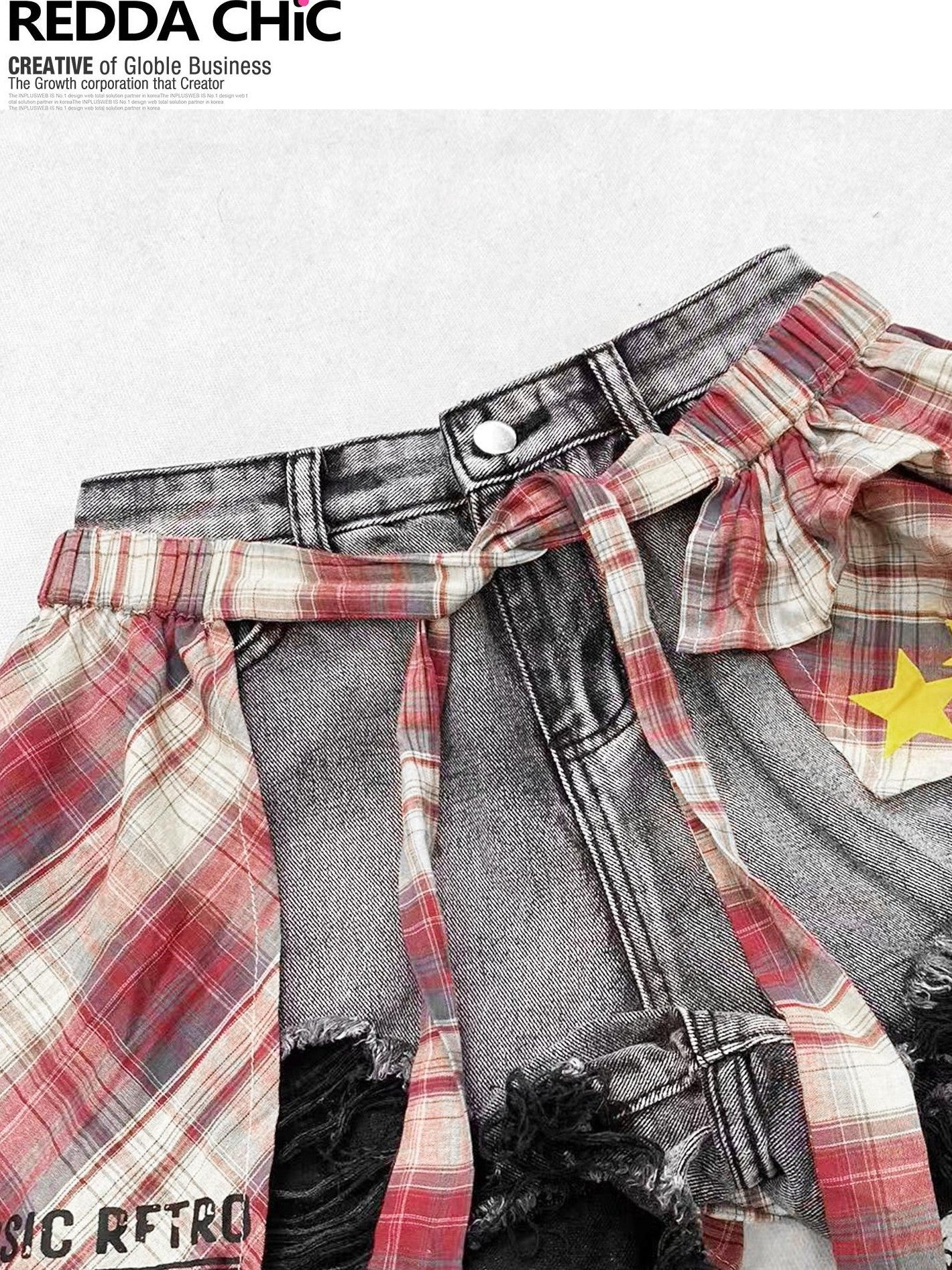 REDDACHIC American Vintage Irregular Plaid Rear Flap Women'S Black Denim Short Trousers