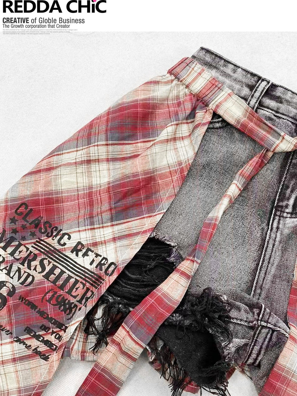 REDDACHIC American Vintage Irregular Plaid Rear Flap Women'S Black Denim Short Trousers