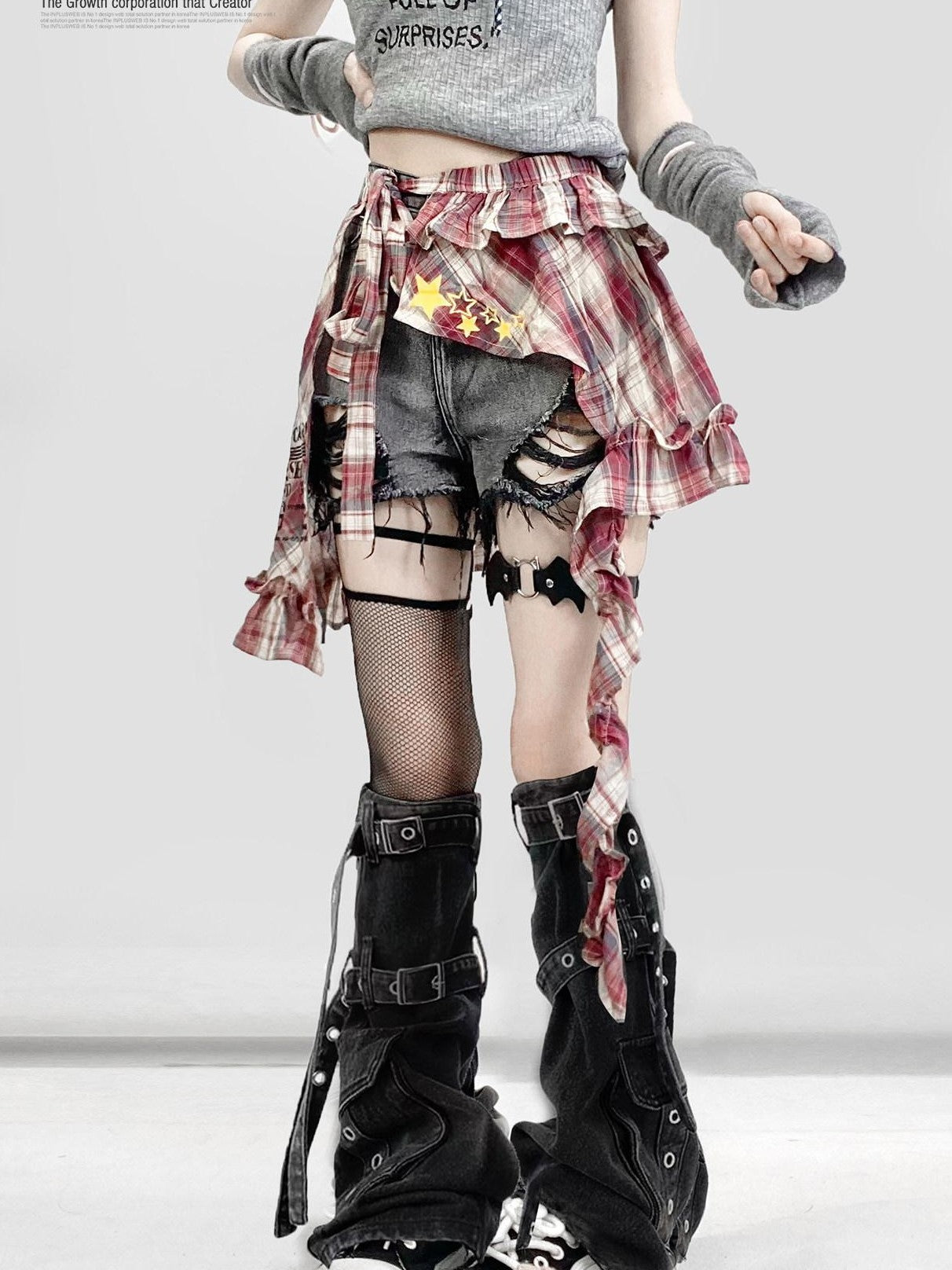 REDDACHIC American Vintage Irregular Plaid Rear Flap Women'S Black Denim Short Trousers