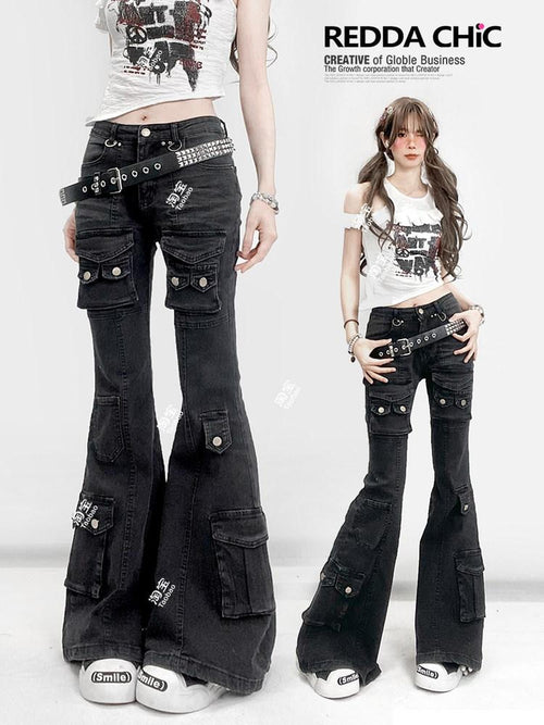 REDDACHIC American Vintage Multi Pocket Low Rise Cargo Women'S Cotton Denim Flare Jeans