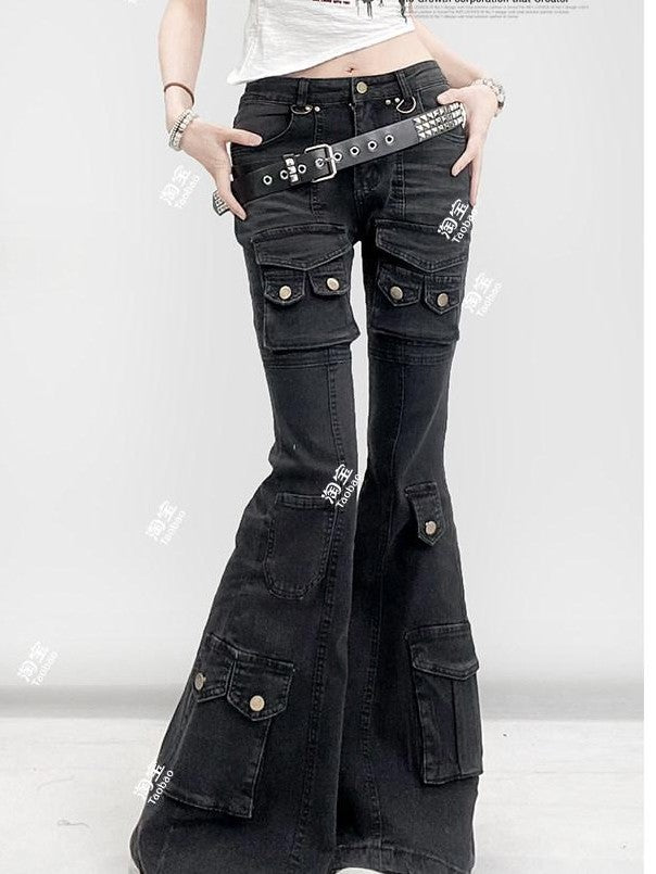 REDDACHIC American Vintage Multi Pocket Low Rise Cargo Women'S Cotton Denim Flare Jeans