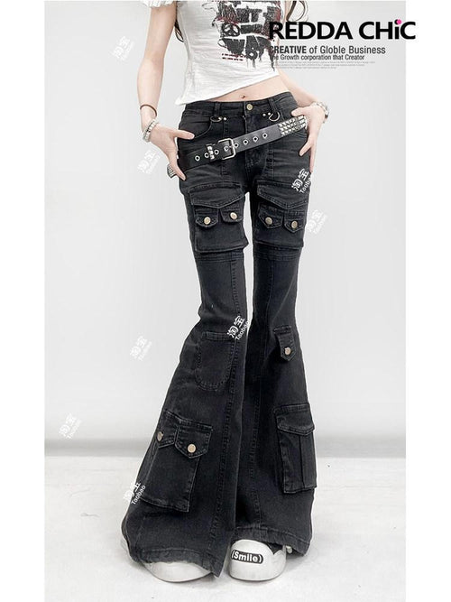 REDDACHIC American Vintage Multi Pocket Low Rise Cargo Women'S Cotton Denim Flare Jeans