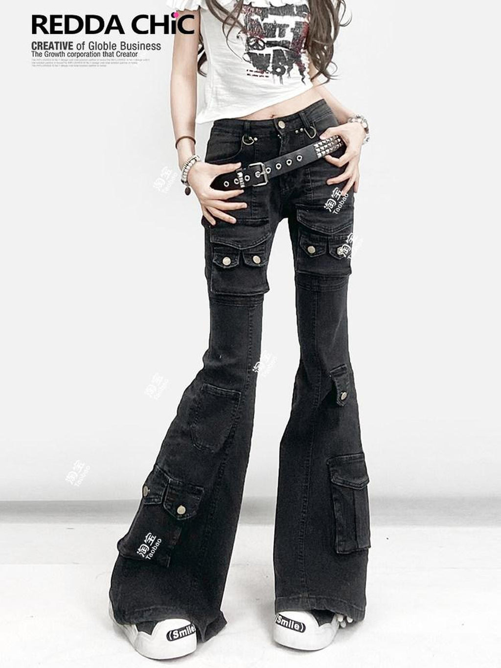 REDDACHIC American Vintage Multi Pocket Low Rise Cargo Women'S Cotton Denim Flare Jeans