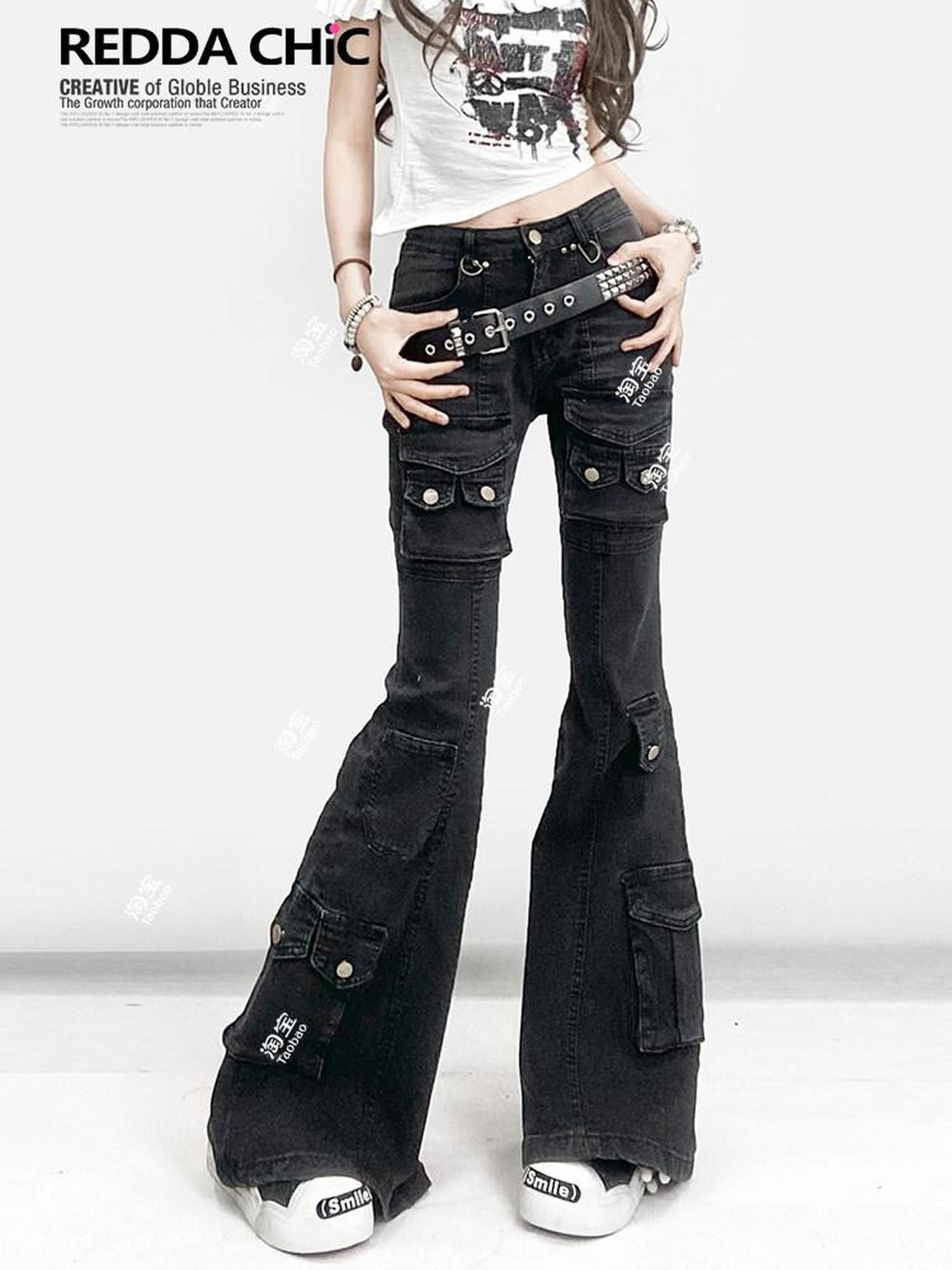 REDDACHIC American Vintage Multi Pocket Low Rise Cargo Women'S Cotton Denim Flare Jeans