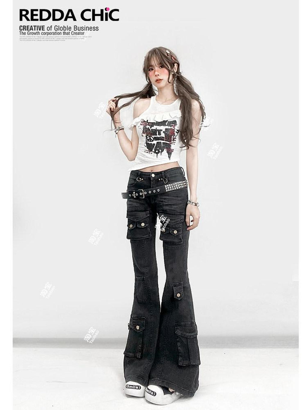 REDDACHIC American Vintage Multi Pocket Low Rise Cargo Women'S Cotton Denim Flare Jeans