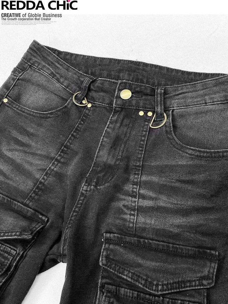 REDDACHIC American Vintage Multi Pocket Low Rise Cargo Women'S Cotton Denim Flare Jeans
