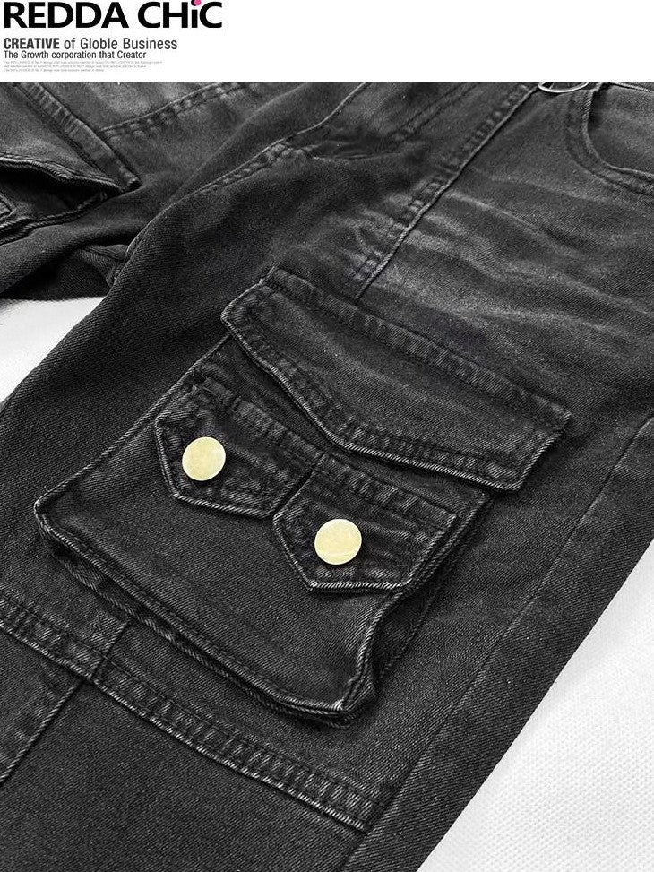 REDDACHIC American Vintage Multi Pocket Low Rise Cargo Women'S Cotton Denim Flare Jeans