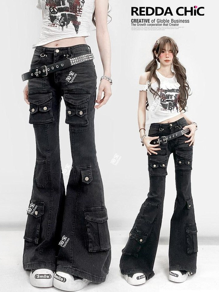 REDDACHIC American Vintage Multi Pocket Low Rise Cargo Women'S Cotton Denim Flare Jeans