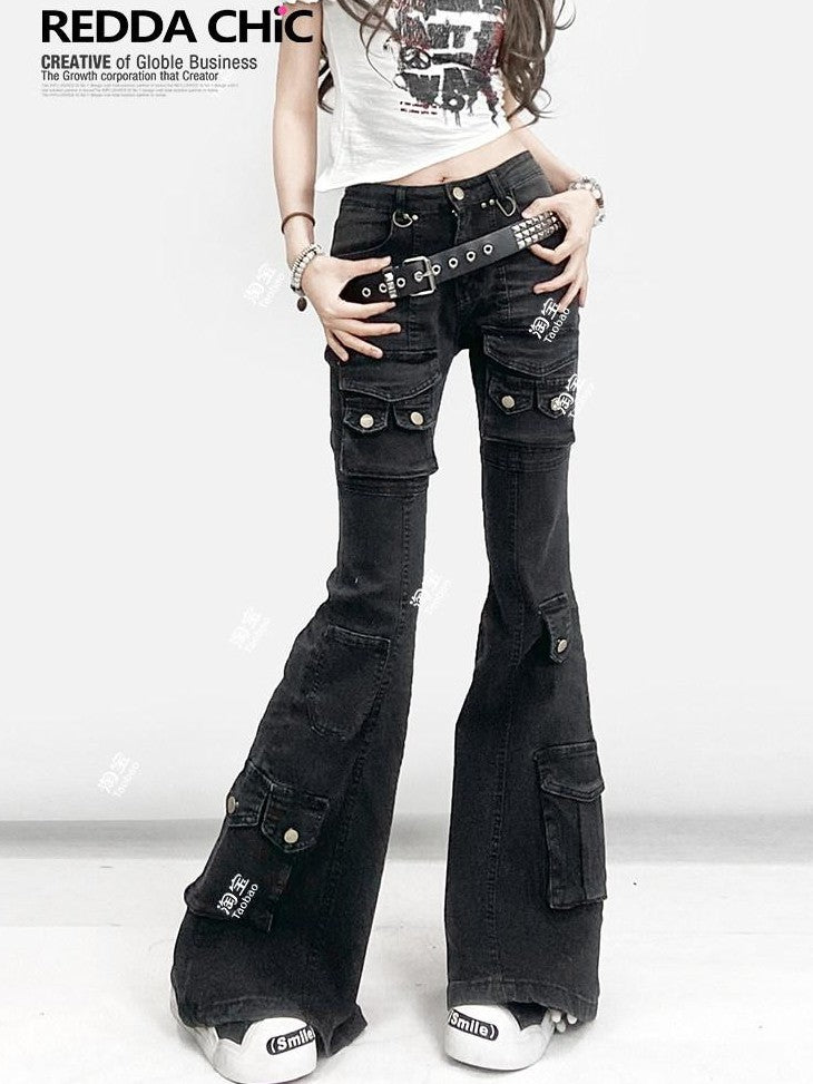 REDDACHIC American Vintage Multi Pocket Low Rise Cargo Women'S Cotton Denim Flare Jeans