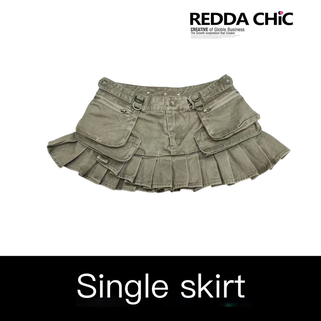 REDDACHIC_Army_Green_Pleated_Utility_Multi_Pocket_Low_Waist_Women'S_Denim_Mini_Skirts_MISSTT