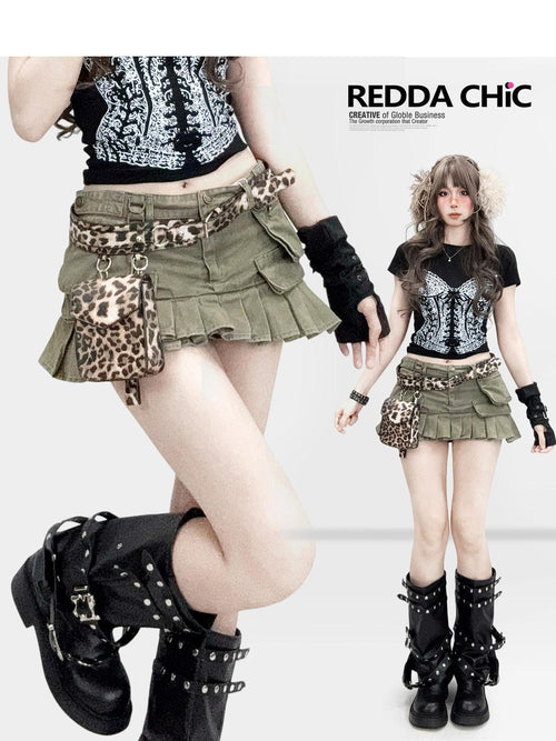 REDDACHIC Army Green Pleated Utility Multi Pocket Low Waist Women'S Denim Mini Skirts