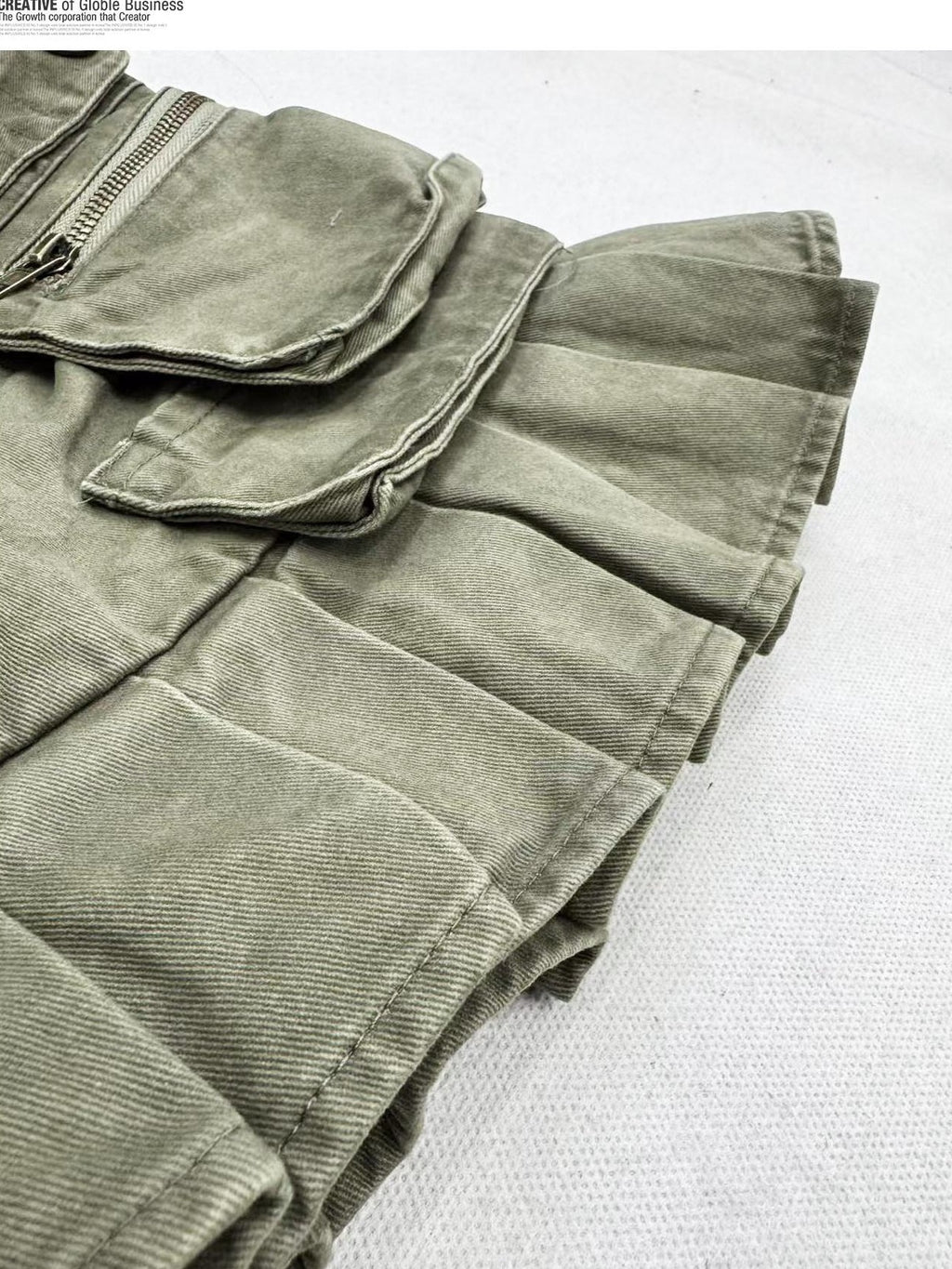 REDDACHIC Army Green Pleated Utility Multi Pocket Low Waist Women'S Denim Mini Skirts