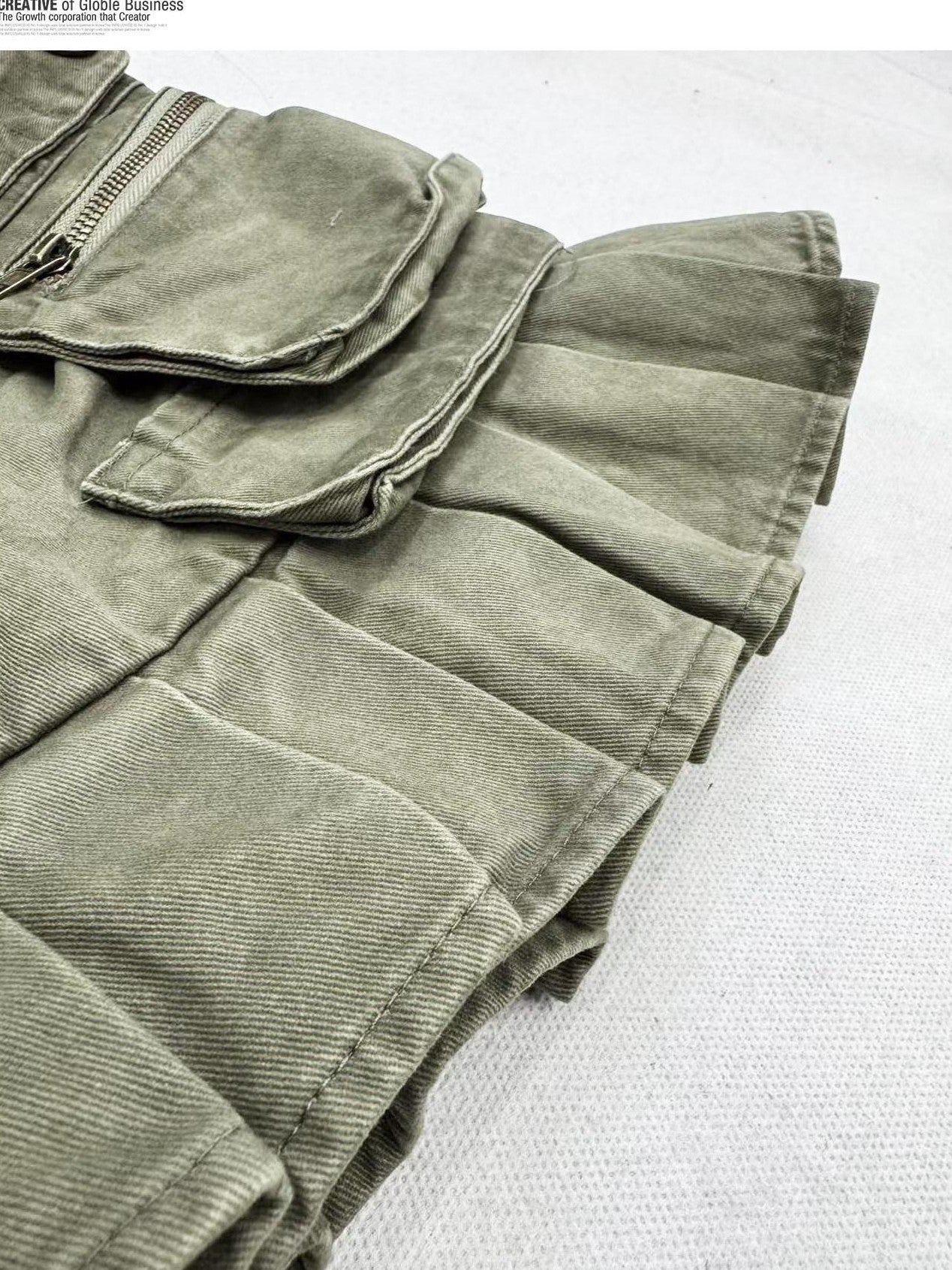 REDDACHIC Army Green Pleated Utility Multi Pocket Low Waist Women'S Denim Mini Skirts